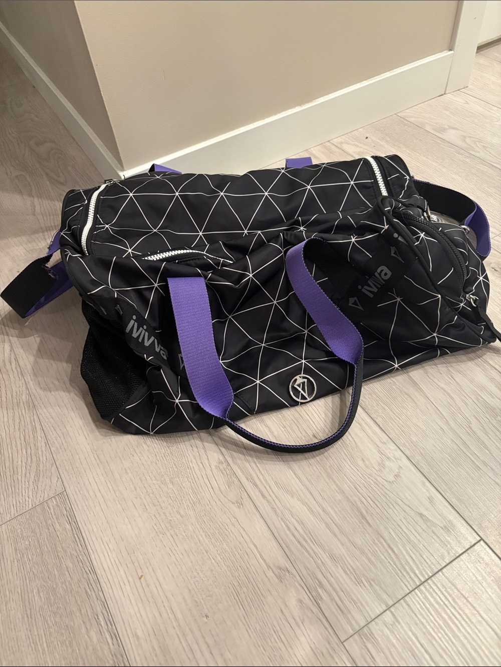 Ivivva Black Travel Duffle with Purple Straps & Geometric Print